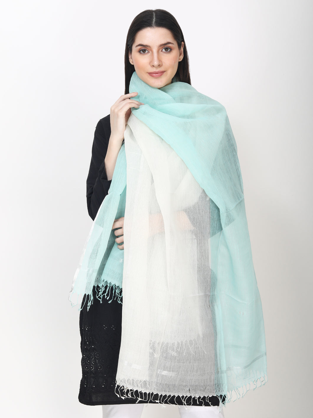 Silk cotton stole in white and light blue colour