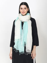 Load image into Gallery viewer, Silk cotton stole in white and light blue colour
