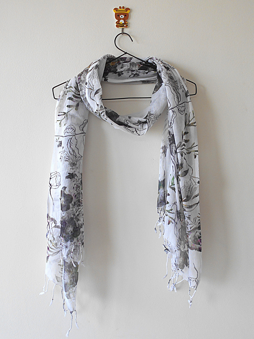 Black, White and Green Floral Digital Print Silk and Cotton stole