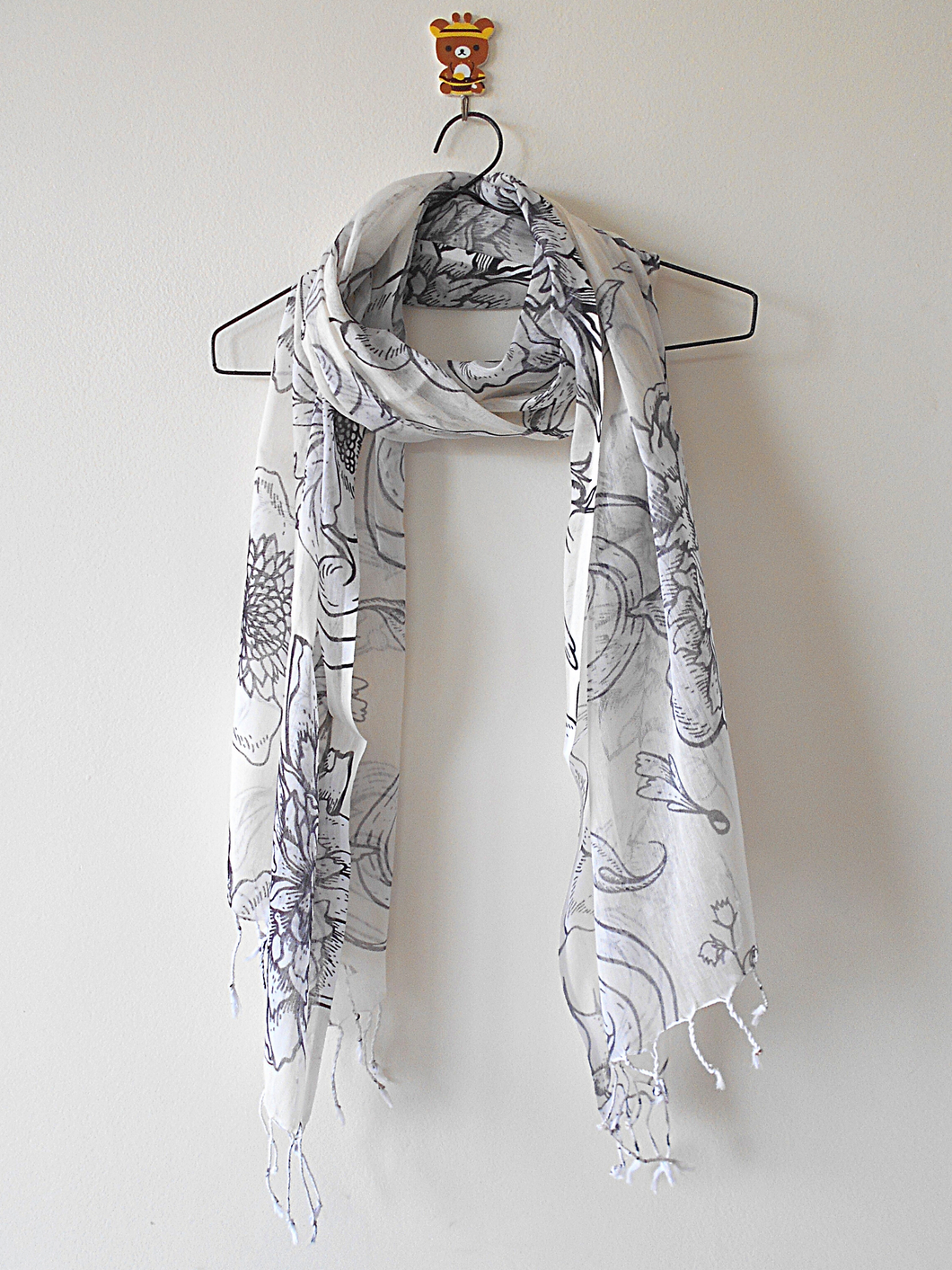 Black, White and Beige Floral Digital Print Silk and Cotton stole